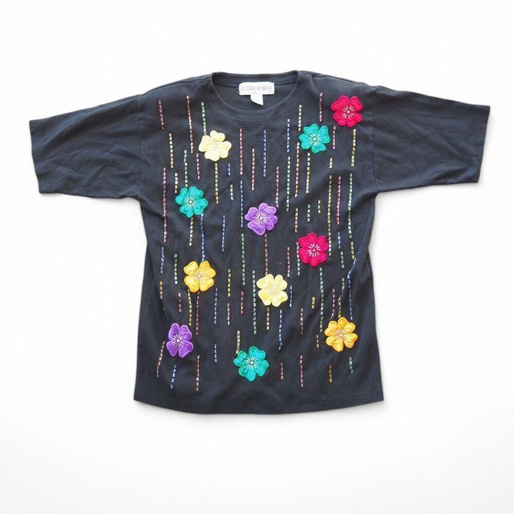 Victoria Harbour Vintage 80s 90s Beaded Embroidered Floral T-Shirt Women's M